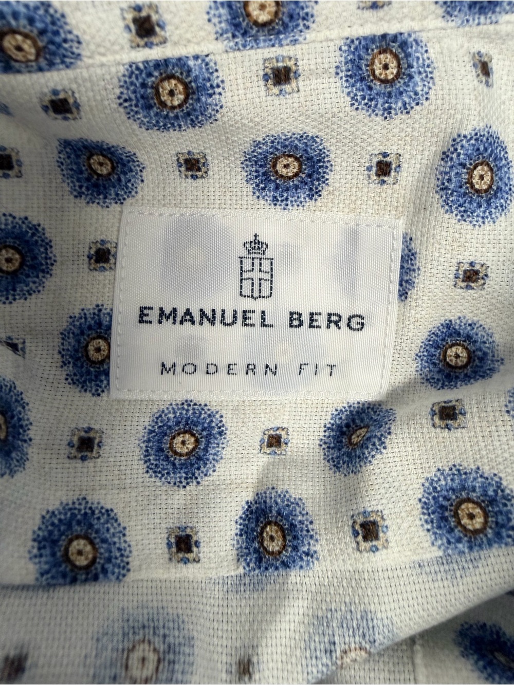 Emanuel Berg Modern Fit XL Blue Medallion Print Button Front Shirt 100% Cotton - Picture 5 of 7